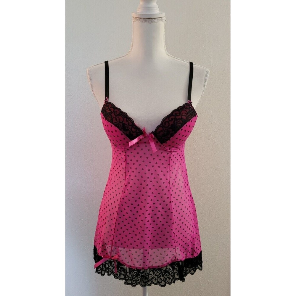 Per Lei Hot Pink & Black Hearts Sheer Babydoll Chemise Lingerie Size Medium